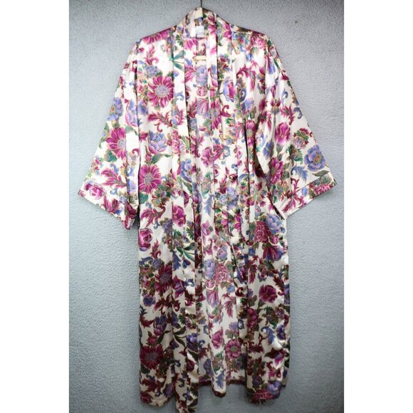 Dentelle Vintage Floral Satin Robe-Belted-Size Large-90's-Y2K - Picture 1 of 6